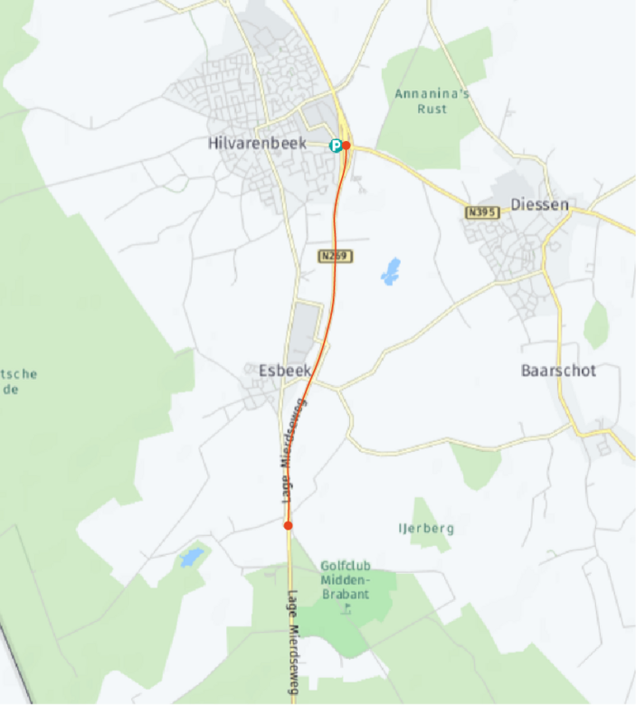 De rode lijn geeft aan waar landbouwverkeer over de N269 mag rijden. Dit is op het deel tussen de kluifrotonde op de Diessenseweg in Hilvarenbeek en de rotonde in Esbeek bij de Hoogeindsestraat.